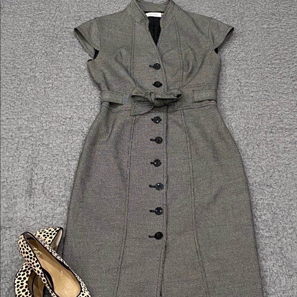 Calvin Klein Button/Belt Gray Pencil Dress